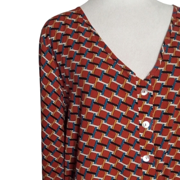 Entro Multicolor Geometric Print Peplum Blouse Long Sleeve Button Front Large - Picture 3 of 9